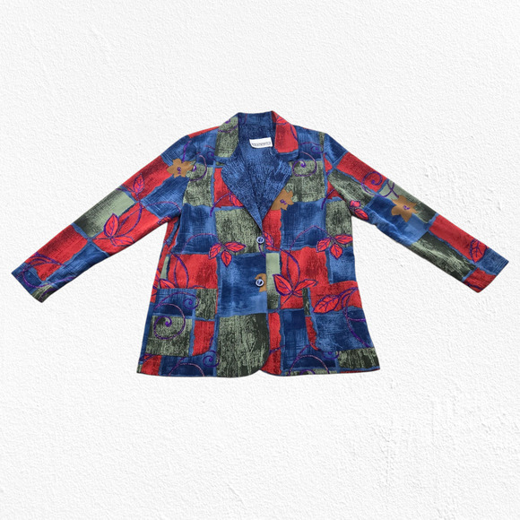 90s Vintage Peter Popovitch Patchwork Blazer Jacket Size Large Bold Fall Floral - Picture 3 of 7